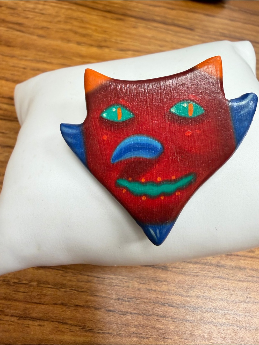 Hand-Painted Red and Blue Devil Mask Brooch